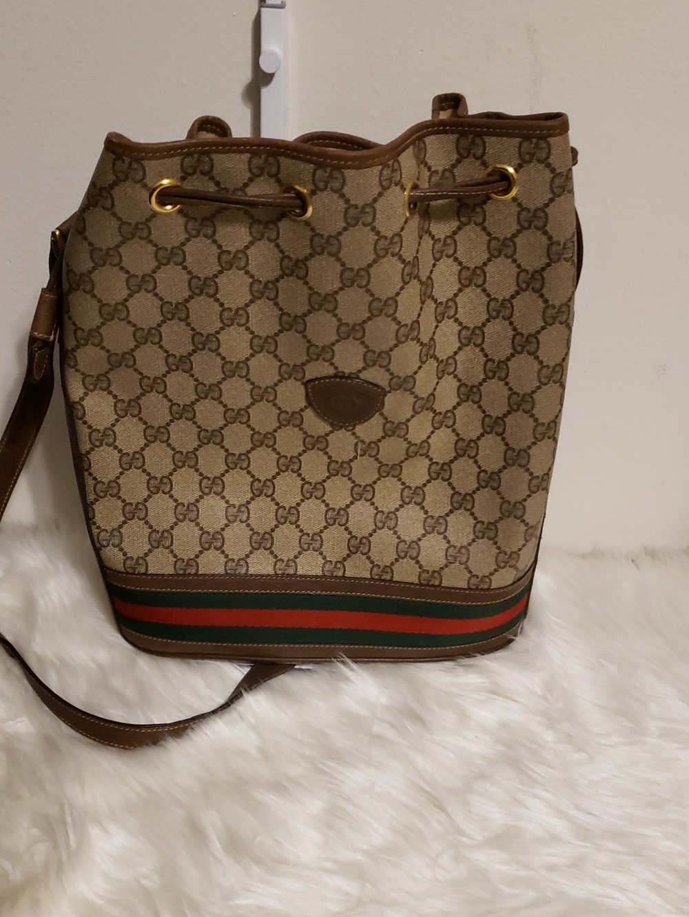 Gucci Beige Monogram Canvas Bucket Bag with Green-Red Stripe